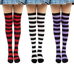 Chalier Cozy Gestreifte Kniestrümpfe Overknee Strümpfe Damen Lange Gestreifte Socken Thigh High Socks Beinwärmer Schenkel Socken für Mädchen Lila Rot Schwarz Einheitsgröße von Chalier Cozy