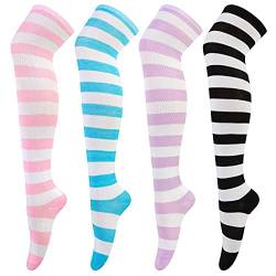 Chalier 4 Paar Gestreifte Overknee Strümpfe Kniestrümpfe Damen Lange Gestreifte Socken Mädchen Thigh High Socks Beinwärmer Schenkel Socken Baumwolle von Chalier