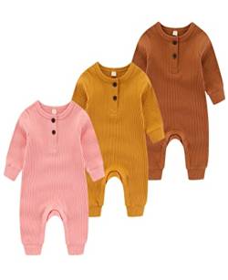 Chamie Baby Romper Newborn Knitted Jumpsuit Long Sleeve Baby Boys Girls Footless One-Piece Suit 0-24 Months,3 Pcs,Brown,Pink,Yellow von Chamie
