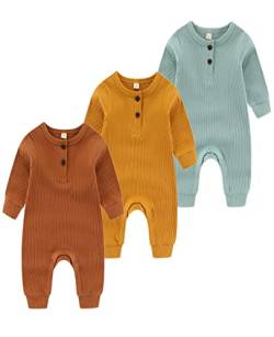 Chamie Baby Romper Newborn Knitted Jumpsuit Long Sleeve Baby Boys Girls Footless One-Piece Suit 0-24 Months,3 Pcs,Green,Yellow,Brown von Chamie