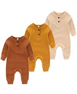 Chamie Baby Romper Newborn Knitted Jumpsuit Long Sleeve Baby Boys Girls Footless One-Piece Suit 0-24 Months,3 Pcs,Yellow,Brown,Almond von Chamie