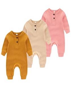 Chamie Baby Romper Newborn Knitted Jumpsuit Long Sleeve Baby Boys Girls Footless One-Piece Suit 0-24 Months,3 Pcs,Yellow,Pink,Almond von Chamie