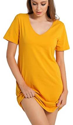 Chamllymers Baumwoll-Schlafhemden für Damen, weiche Nachtwäsche, lockere Passform, Nachthemden, V-Ausschnitt, Nachthemden, gelb, Small von Chamllymers