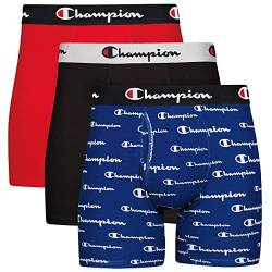 Champion Herren Boxershorts, Baumwolle, Stretch, 3er-und 5er-Pack Retroshorts, Blau Weiß Schrift Logo/Schwarz/Rot, Small von Champion