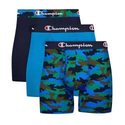 Champion Herren Boxershorts aus Polyester-Mischgewebe, 3 Stück Retroshorts, Blauer Camouflage-Druck/Balboa-Blau/Marineblau, L (3er Pack) von Champion