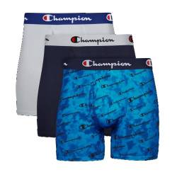 Champion Herren Leichte Boxershorts, Stretch, 3er-Pack Retroshorts, Blauer Druck Logo/Marineblau/Silberstein, L von Champion