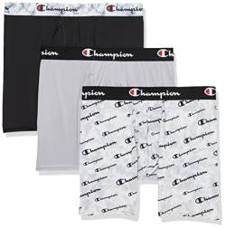 Champion Herren Unterwäsche Boxershorts, Stütztasche, Sortiert, Retroshorts, Grauer Druck mit Schriftzug Logo/New Ebony/Silverstone – 3er-Pack, Large von Champion