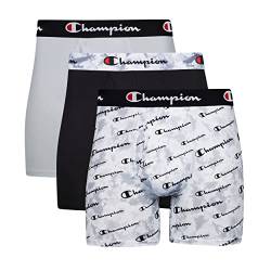 Champion Herren Unterwäsche Boxershorts, Stütztasche, Sortiert, Retroshorts, Grauer Druck mit Schriftzug Logo/New Ebony/Silverstone – 3er-Pack, Small von Champion