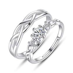 2 Stück Sterling Silber Ring für Frauen, Männer und Mädchen-Einstellbare Paar Ring mit Zirkonia Wave Shaped Eheringe Eheringe Weiße Ringe Valentinstagsgeschenke von Chandler