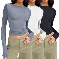 3er Pack Basic Langarmshirt Damen Tunika T-Shirt Crop Top Y2K Slim Fit Oberteile Casual Rundhals Tee Shirt Damen Long Sleeve Shirt 3 Stück Rundhals Cropped Tee Casual Teenager Streetwear von Chanpning