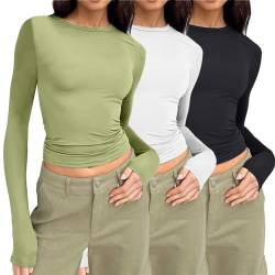 3er Pack Basic Langarmshirt Damen Tunika T-Shirt Crop Top Y2K Slim Fit Oberteile Casual Rundhals Tee Shirt Damen Long Sleeve Shirt 3 Stück Rundhals Cropped Tee Casual Teenager Streetwear von Chanpning