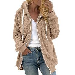 Chanpning Fleecejacke Damen Lang, Herbst Winter Mode Mantel Freizeit Cardigan Warm Fleecemantel Übergangsjacke Damen Elegant Leicht Teddyjacke Loose Kapuzenpullover von Chanpning