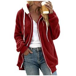 Chanpning Fleecejacke Damen Lang, Herbst Winter Mode Mantel Freizeit Cardigan Warm Fleecemantel Übergangsjacke Damen Elegant Leicht Teddyjacke Loose Kapuzenpullover von Chanpning