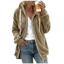 Chanpning Fleecejacke Damen Lang, Herbst Winter Mode Mantel Freizeit Cardigan Warm Fleecemantel Übergangsjacke Damen Elegant Leicht Teddyjacke Loose Kapuzenpullover von Chanpning