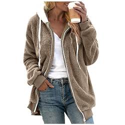 Chanpning Fleecejacke Damen Lang, Herbst Winter Pelzjack Mode Nerzmantel Freizeit Cardigan Warm Fleecemantel Übergangsjacke Damen Elegant Leicht Teddyjacke Loose Kapuzenpullover von Chanpning