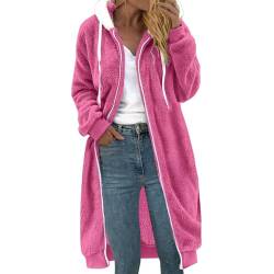 Fleecejacke Damen Lang Große Größen, Dicke Gefüttert Teddyfleece Jacke mit Kapuze Teddyjacke Flauschig Plüschjacke mit Reißverschluss und Taschen Kuscheljacke Frauen Winterjacke Cardigan Outwear von Chanpning