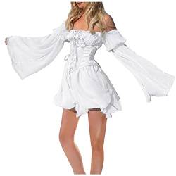 Piratenkostüm Damen Korsett Renaissance Viktorianische Off Shoulder Kleid Kurz Jumpsuit Piratinkleid Weiß A-Linie-Kleid Trägerloses, Knielange Patchwork-Kleid Strandkleid Party Karneval Kostüm Piratin von Chanpning