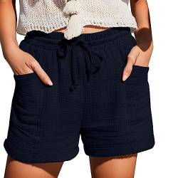 Shorts Damen Sommer Mode Lässige Musselin Hose mit Hoher Taille Gerades Bein Sport Lässige Lockere Shorts mit Kordelzug Kurze Hose mit Taschen Gummiband Freizeit Shorts Elastische Stoffhose Chino von Chanpning