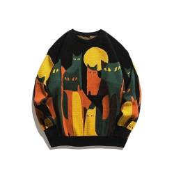 Herbst Winter 2023 Cartoon Katze Stricken Pullover Männer Lose Mode Paar Pullover Sweathsirt Black,M von Chaorwe