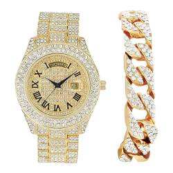 CHARLES RAYMOND Big Rocks ST10535 Herren-Armbanduhr, vollständig vereiste Diamanten, leicht ablesbares Datum und Tag, Designer-Hip-Hop-Uhr, ST10536-RN Gold -C, Hip Hop von Charles Raymond