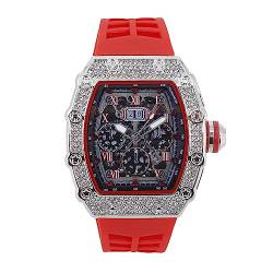 CHARLES RAYMOND Herren Luxus Iced Out Kristalle Diamant Uhr mit einzigartiger Tonneau-Form, bequemes Silikonband, zeigen Sie Ihren Stil Design, ST10526 Red SLV, ST10526 Red SLV von Charles Raymond
