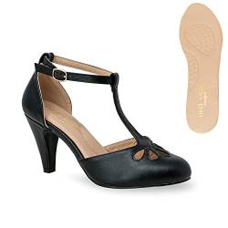 Chase & Chloe Kimmy-36 Damen Pumps mit T-Riemen, Tropfen-Ausschnitt, mittelhoher Absatz, Kleid, Schwarz PU Comfort, 39 EU von Chase & Chloe