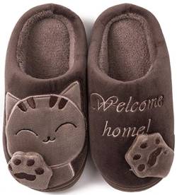 ChayChax Nette Winter Baumwolle Hausschuhe Warme Plüsch Pantoffeln Schlappen Weiche rutschfeste Indoor Hause Slipper mit Cartoon Katze für Herren Damen Kinder, Braun, 35/36 EU =Hersteller 36/37 von ChayChax