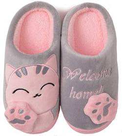 ChayChax Nette Winter Baumwolle Hausschuhe Warme Plüsch Pantoffeln Schlappen Weiche rutschfeste Indoor Hause Slipper mit Cartoon Katze für Herren Damen Kinder, Grau Pink, 31/32 EU =Hersteller 32/33 von ChayChax