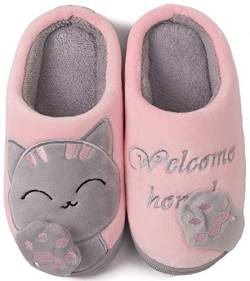 ChayChax Nette Winter Baumwolle Hausschuhe Warme Plüsch Pantoffeln Schlappen Weiche rutschfeste Indoor Hause Slipper mit Cartoon Katze für Herren Damen Kinder, Pink Grau, 25/26 EU =Hersteller 26/27 von ChayChax