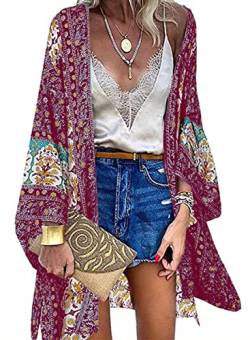 CheChury Badeanzug Cover Up Damen Blumendruck Kimono Poncho Sommer Strand Strickjacke Boho Strandkleid Ethnischer Strandtunika Damen Sommer Chiffon Cardigan Langes Bikini Coverups Sommerjacke,RotM von CheChury