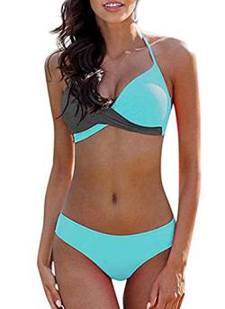 CheChury Damen Bademode Push Up Bikini Set Zweiteilige Badeanzug Strandkleidung Crossover Neckholder Triangel Oberteil Bikinihose Sexy Halter,Blau,XL von CheChury