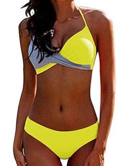 CheChury Damen Bademode Push Up Bikini Set Zweiteilige Badeanzug Strandkleidung Crossover Neckholder Triangel Oberteil Bikinihose Sexy Halter,Gelb,L,42-44 von CheChury