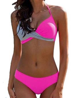 CheChury Damen Bademode Push Up Bikini Set Zweiteilige Badeanzug Strandkleidung Crossover Neckholder Triangel Oberteil Bikinihose Sexy Halter,Lebendiges Rosa,XL,46-48 von CheChury