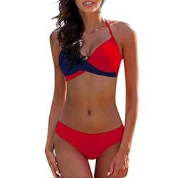 CheChury Damen Bademode Push Up Bikini Set Zweiteilige Badeanzug Strandkleidung Crossover Neckholder Triangel Oberteil Bikinihose Sexy Halter,Rot,L von CheChury