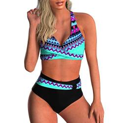 CheChury Damen Bikini Push Up Bademode Große Größen Badeanzug Gedruckt Retro Bikini Oberteil V-Ausschnitt Sexy Bikinihose Hoher Taille Bauchweg Badeanzug Verstellbar Crossover Ties-up,Blau,L von CheChury