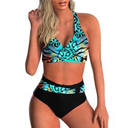 CheChury Damen Bikini Push Up Bademode Große Größen Badeanzug Gedruckt Retro Bikini Oberteil V-Ausschnitt Sexy Bikinihose Hoher Taille Bauchweg Badeanzug Verstellbar Crossover Ties-up,Grün,L von CheChury