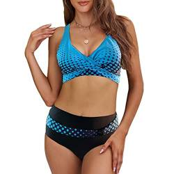 CheChury Damen Bikini Push Up Bademode Große Größen Badeanzug Gedruckt Retro Bikini Oberteil V-Ausschnitt Sexy Bikinihose Hoher Taille Bauchweg Badeanzug Verstellbar Crossover Ties-up,Schwarz,XL von CheChury