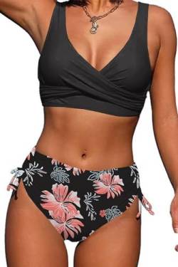 CheChury Damen Bikini Set Cross Back Badeanzüge Einfarbig Bademode Kordelzug Bikini Sexy Crossover Oberteil Triangel Bikinihose Hoher Taille Gepolstert Strandbikini Zweiteiliger,Rosa-1,XL von CheChury