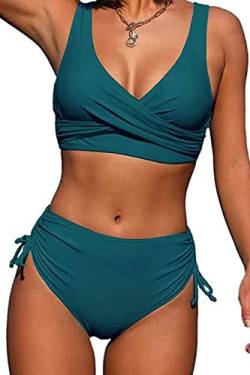 CheChury Damen Bikini Set Cross Back Badeanzüge Einfarbig Bademode Kordelzug Side Bikini Sexy Crossover Oberteil Triangel Bikinihose Hoher Taille Gepolstert Strandbikini Zweiteiliger,Blau,S von CheChury