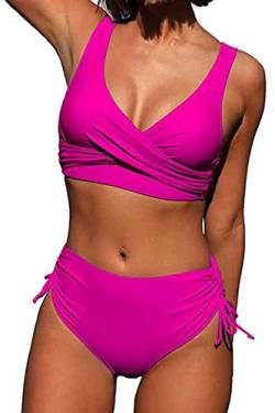 CheChury Damen Bikini Set Cross Back Badeanzüge Einfarbig Bademode Kordelzug Side Bikini Sexy Crossover Oberteil Triangel Bikinihose Hoher Taille Gepolstert Strandbikini Zweiteiliger,Rosa,S von CheChury