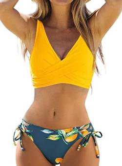 CheChury Damen Bikini Set Crossover Bustier Bademode Elegant Zweiteiliger Badeanzug Bandeau Bikini Bademode Badehosen mit Blummenmuster Tropicalmuster Badeanzug Strandkleidung Cross Back Twist Front von CheChury