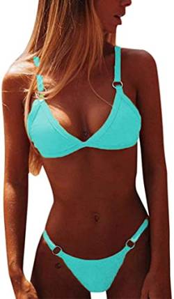 CheChury Damen Bikini Set Klassischer Zweiteilige Badeanzug Triangel Rückenfrei Bikinioberteil Verstellbare Bademode Brasilianer Tanga Bikinihose,Blau,XL von CheChury