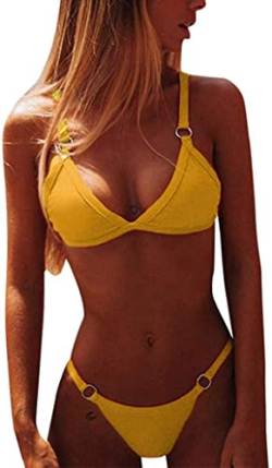 CheChury Damen Bikini Set Klassischer Zweiteilige Badeanzug Triangel Rückenfrei Bikinioberteil Verstellbare Bademode Brasilianer Tanga Bikinihose,Gelb,S von CheChury