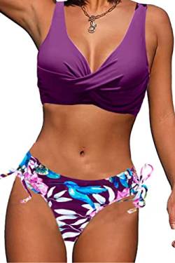 CheChury Damen Bikini Set Push Up Badeanzug Sexy Bademode Bikinioberteil V-Ausschnitt Gedruckt Bikinihose High Waist Verstellbar Crossover Ties-up Gepolstert Strandbikini für Große Brüste,Violett,S von CheChury