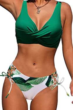 CheChury Damen Bikini Set Push Up Badeanzug Sexy Bademode Bikinioberteil V-Ausschnitt Gedruckt Bikinihose High Waist Verstellbar Crossover Ties-up Gepolstert Strandbikini für Große Brüste,Grün,S von CheChury