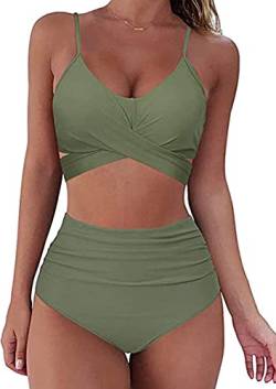 CheChury Damen Bikini Set Verstellbar Einfarbig Crossover Ties-up Neckholder Bikinioberteil Zweiteiliger Badeanzug Triangel Gedruckt Niedrige Taille Sport Bikinihose Strandkleidung von CheChury