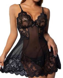 CheChury Damen Dessous-Set Spitzen Sexy Reizwäsche Halfter Damen Negligee Babydoll Nachtwäsche Tiefer V-Ausschnitt Nachthemd Lingerie Nachtkleid G-String Sleepwear Unterwäsche Set Frauen,Schwarz,M von CheChury