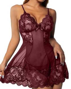 CheChury Damen Dessous-Set Spitzen Sexy Reizwäsche Halfter Damen Negligee Babydoll Nachtwäsche Tiefer V-Ausschnitt Nachthemd Lingerie Nachtkleid G-String Sleepwear Unterwäsche Set Frauen 2 PCS,Rot,S von CheChury