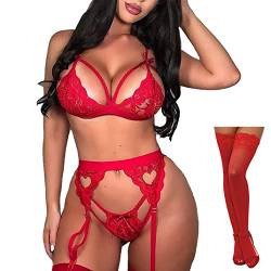 CheChury Damen Dessous Set Unterwäsche Sexy Babydoll Dessous Sexy Reizwäsche Set Push up Lingerie Slip Spitzen BH Sexy Strumpfband und Strümpfe für Frauen 4 Teiliges,Rot,L von CheChury