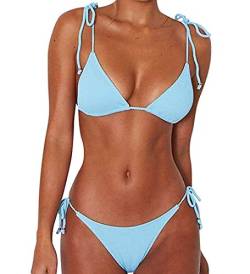 CheChury Damen Einfarbig Bandage Bikini Set Badeanzug Mit Triangle Bikinihose Brasilianische Badebekleidung Zweiteilig Push Up Bademode Swimsuit,Blau,L von CheChury